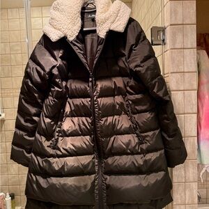 Sam Edelman Olive Green Hooded Puffer Coat with Cream Faux Shearling Hood/Collar